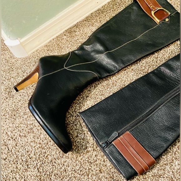 EUC Cole Haan Nike Air Sierra Black Pebbled Leather Tall Heeled Boots - Picture 7 of 17